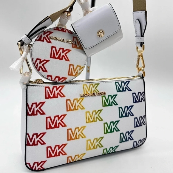 Michael Kors Handbags - Michael Kors Jet Set Price Medium Crossbody W Tech Accessories Rainbow MK Logo